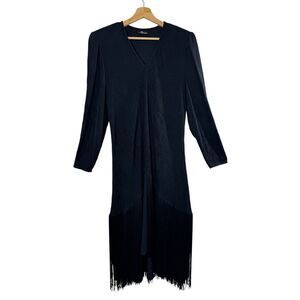 NWOT Nightworks Black Long Sleeve Fringe Trim Midi Dress V-neck Monochrome